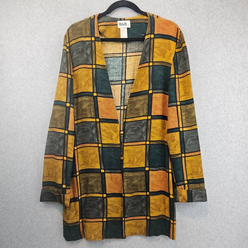 B.G.B. LTD Cardigan Women 12 Gold Geometric Rayon Open Front Vintage Art To Wear